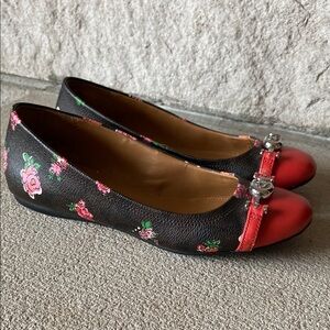 COACH Floral Leila Leather Ballet Flats Sz 6.5B Red + Brown Posy With Buckle GUC